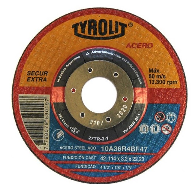 DISCO ABRASIVO SECUR  114 x 4,8 x 22,23mm (X10UN) "TYROLIT"